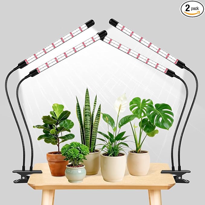 SDOVUERC Full Spectrum 2026 Grow Lights for Indoor Plants, Dual Head Clip Plant Lights with 6/12/18H Timer,3 Light Modes,5 Dimming Level for Seed Starting(Pack 2)