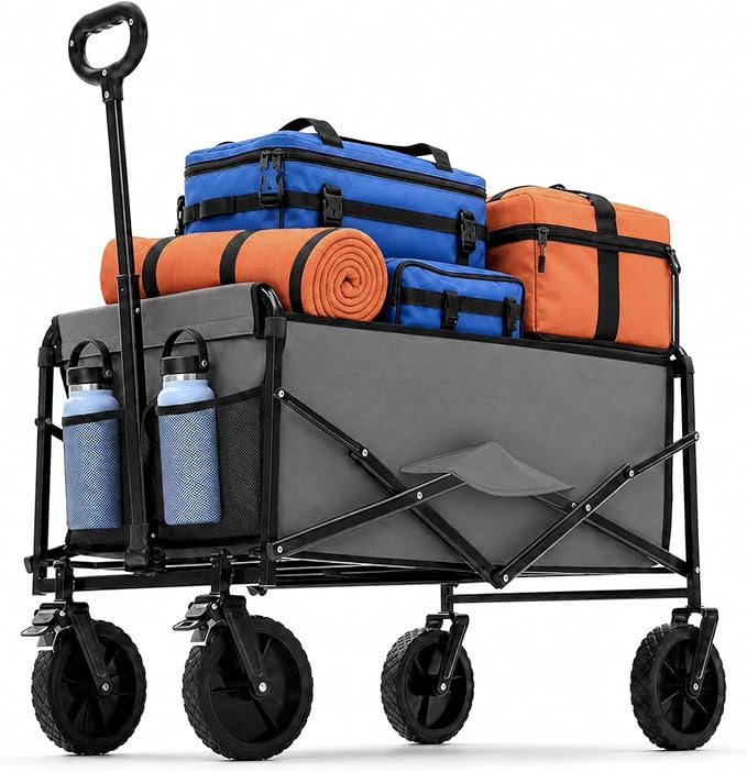 DUMOS Collapsible Wagon Cart, Heavy Duty Foldable Utility Wagon with Lockable Brake Wheels – 330 lbs Capacity, Flexible Handle for Beach, Garden, Sports, Grocery & Camping, Gray