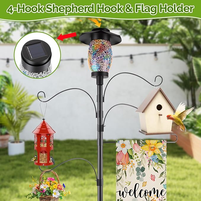 4-Hook Solar Shepherds Hooks for Outdoors,80In Bird Feeder Pole with 5 Prongs Base|Flag Holder|Solar Lights,Heavy Duty Garden Stand Hooks for Hanging Plant Baskets,Wind Chimes,Lanterns