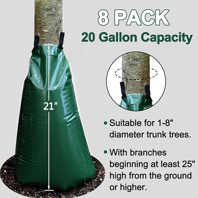 8 Pack 20 Gallon Tree Watering Bags, Reusable, Heavy Duty, Slow Release Water Bags for Trees, Premium PVC Tree Drip Irrigation Bags