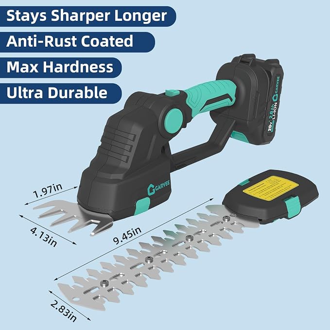 Cordless Hedge Trimmer and Grass Shear 2 in 1, 20V Electric Handheld Shrub Trimmer with 2 Batteries and Charger, Adjustable Head, Dual Safety Lock for Lawn and Garden Care