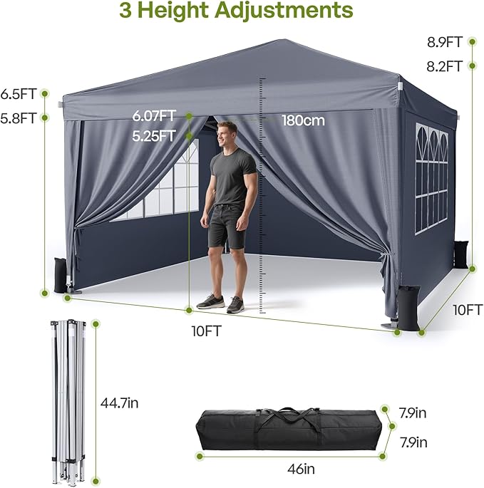 Driftalia 10x10 Pop Up Canopy with Sidewalls, Outdoor Instant Canopy Tent with Carry Bag for Commercial Events, Camping, Backyard Parties - Dark Grey