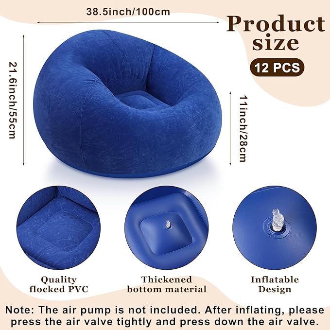 Realspring Inflatable Bean Bag Chairs Outdoor Blow up Camping Chairs Inflatable Lazy Sofa Folding Portable Bean Bag Loungers Couch for Movie Night(Dark Blue,12 Pcs)