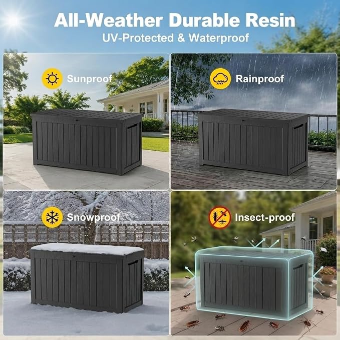 180 Gallon Outdoor Storage Box Resin Deck Box All Weather Waterproof Large Lockable Storage Container Deck Box for Patio Furniture, Garden Tools, Lockable, Black