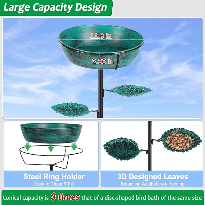 Metal Bird Bath for Outdoor - Garden Bird Bath with Removable Bowl Heavy-Duty Base, Winter Birdbath Feeder Rust-Proof Birdbaths for Garden Yard Lawn Decor, Easy to Install(Green)