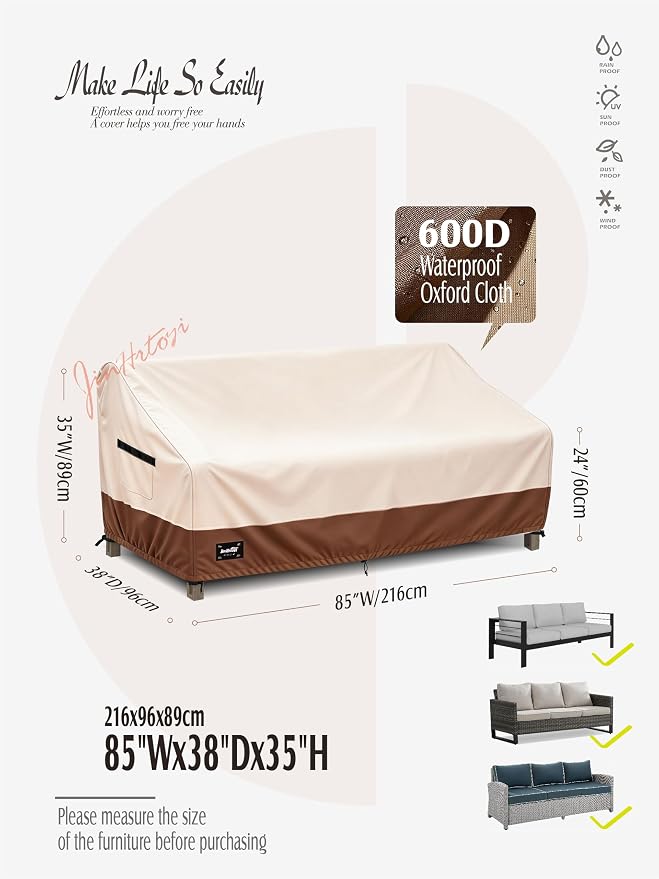 JinHrtoyi 3-Seater Outdoor Couch Cover, 85Wx38Dx35H inches Outdoor Furniture Covers Waterproof,100% Waterproof Heavy Duty Patio Furniture Covers,Beige&Brown Modern Style Outdoor Sofa Cover