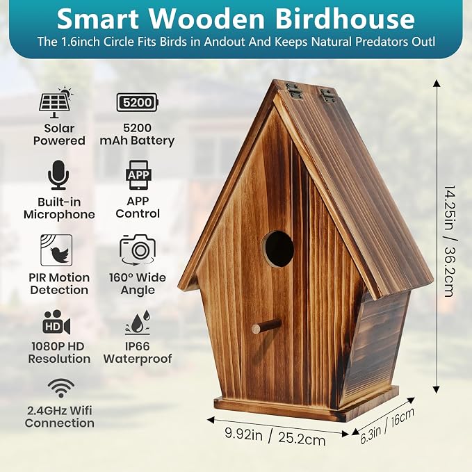 Smart Bird House with Camera, 1080P HD Birdhouse with Camera Inside Solar Powered 2.4G WiFi & App Notify, Bird Houses for Outside with Nest Auto Capture Photo & Video