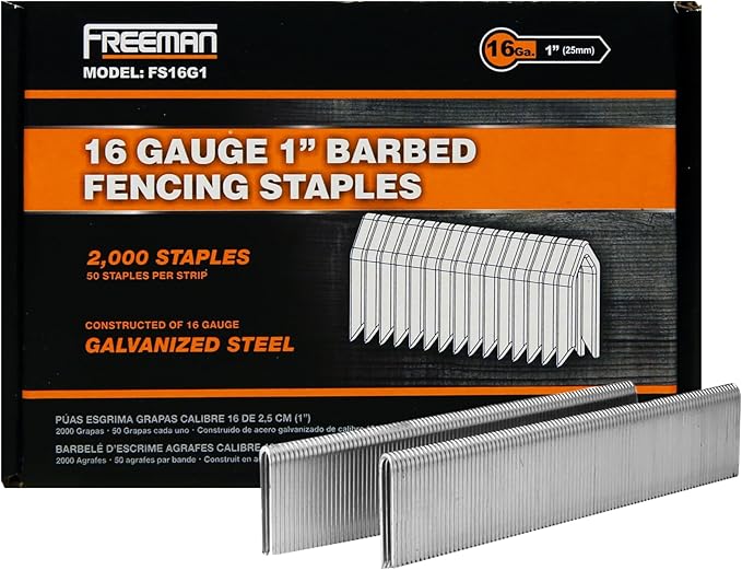Freeman 16-Gauge Fencing Staples | 1" | Glue Collated | Galvanized Steel | 2000 Count | Indoor and Outdoor | Livestock Fencing, Pet Enclosures, Heavy Mesh, Deer Prevention, and Farming | FS16G1
