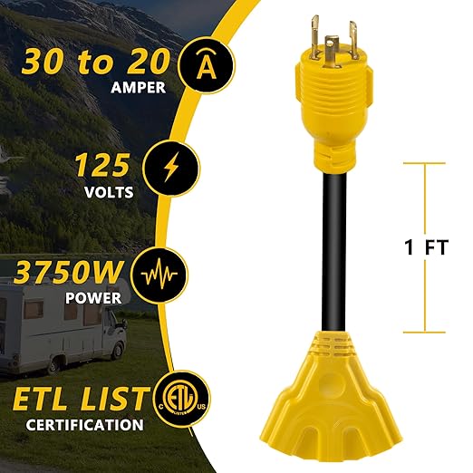 30 Amp to 110V Generator Adapter - NEMA L5-30P Male to 3 of 5-20R/5-15R Female, 3-Prong Twist Lock Plug with ETL Listed, Heavy-Duty 1FT Power Adapter Plug Cord for RV, Household, Outdoor Use