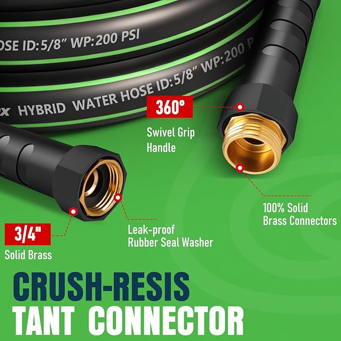 Non-Expandable Garden Hose 25ft, Lightweight Hybrid Rubber PVC Water Hose, Kink Resistant, Solid Brass 5/8" Fittings, 200PSI Working / 600PSI Burst, for Yard RV Car Wash