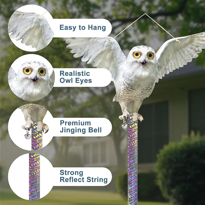 3PCS Reflective Hanging Fake Owl Decoration, Garden Owl Control Device to Keep Pigeons Away from House Windows Outdoor Garden Yard