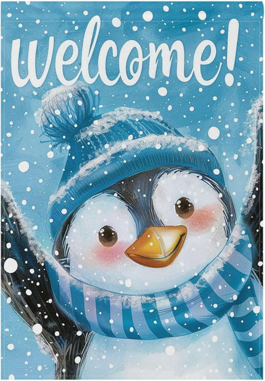 Pfrewn Christmas Winter House Flag 28x40 Double Sided Penguin in Blue Hat Snowy Garden Yard Flags Welcome Winter Outdoor Indoor Banner for Party Home Merry Christmas Xmas Decorations
