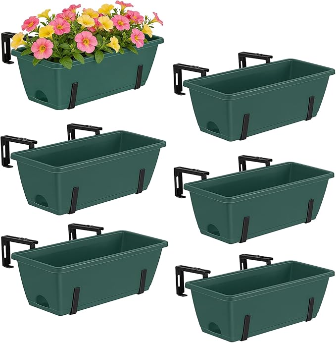 CADUKE Window Deck Railing Planter Box for Outdoor 6 Pack 17 Inch Deck Railing Planter Boxes Plastic Hanging Flower Planters Box with Adjustable Brackets Green