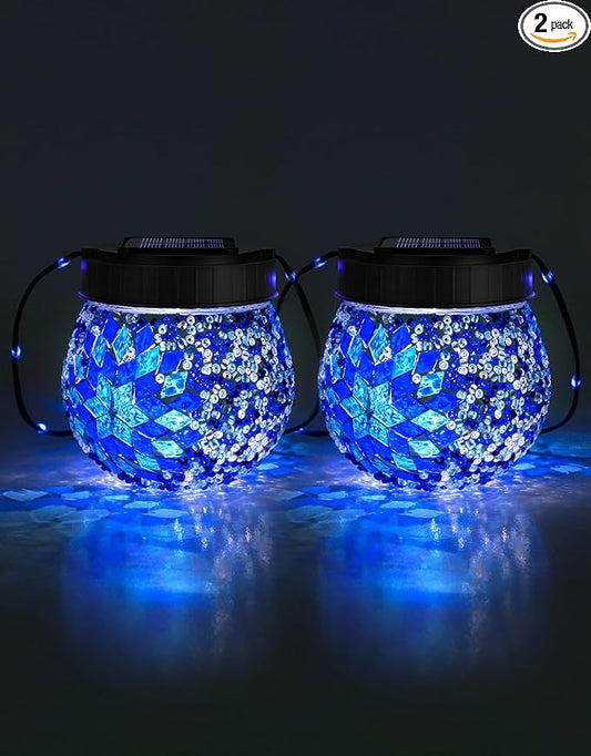 Mosaic Solar Lights Outdoor 2 Pack, Solar Hanging Lanterns Christmas Halloween Gifts for Women Mom Grandma, Waterproof Glass Globe Lights, Garden Patio Decor for Yard, Tree, Balcony, Cold