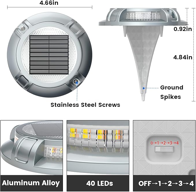 SIEDiNLAR Solar Driveway Lights Outdoor 4 Modes 40 LEDs Deck Driveway Markers Marine Dock Light Waterproof for Ground Walkway Pathway Step Garden Yard, White/Warm Dynamic Lighting (4 Pack)