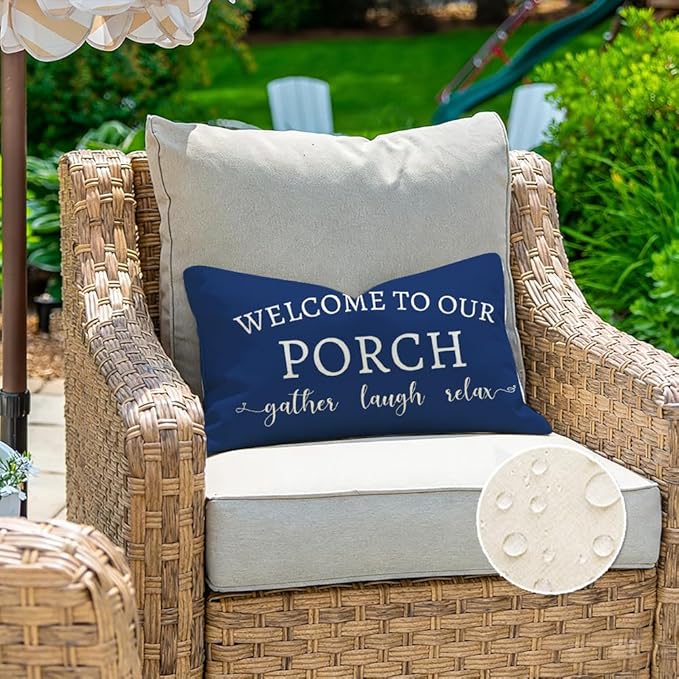 RABUSOFA Welcome to Our Porch Decor Outdoor Pillow Covers Waterproof,12x20 Set of 2 Blue and Cream Stay Awhile Relax Lumbar Cushion Case Decorations for Patio Couch (Blue)