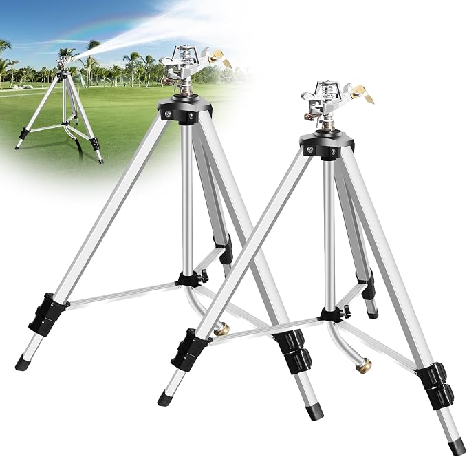Heavy Duty Impact Sprinkler on Tripod Base,2 Pack 36 Inch Tripod Sprinkler with Brass Nozzle for Yard Large Area,Extra Tall 360 Degree Rotating,Waters Up to 80 Ft,Legs Extend Up to 36"