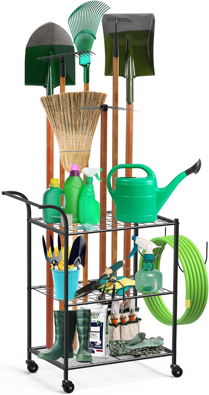 Uboway Garden Tool Organizer: Yard Tool Organizer for Garage with Water Hose Holder and Wheels, Up to 60 Long Handled Tools, Garden Tool Holder For Garage, Shed, Outdoor, Easy to Install, Black