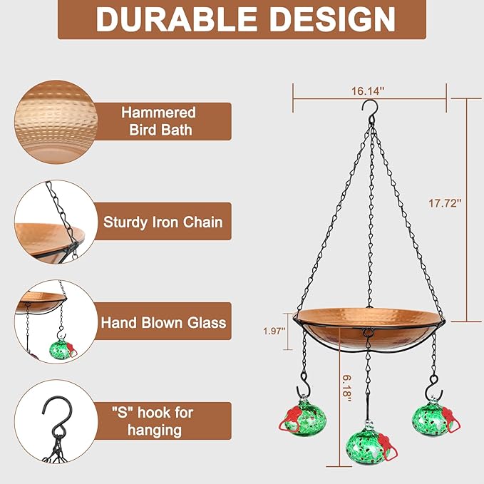 Wind Chimes Hanging Bird Feeders for Outdoors ＆ Bird Bath ＆ Hummingbird Feeders for Outdoors 3-in-1,Hand Blown Glass Hummingbird Feeder Balls,Detachable BirdBath(11in) Green-Chains