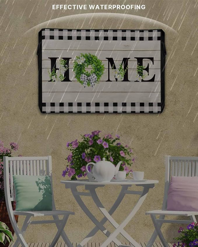 Retro Outdoor TV Cover for Outside Flat Screen,Home Text Wood Board 600D Thick Waterproof Weatherproof Outdoor TV Screen Protector with Zipper for 60 to 65 Inch Flat Screens Rustic Leaf Flower Plaid