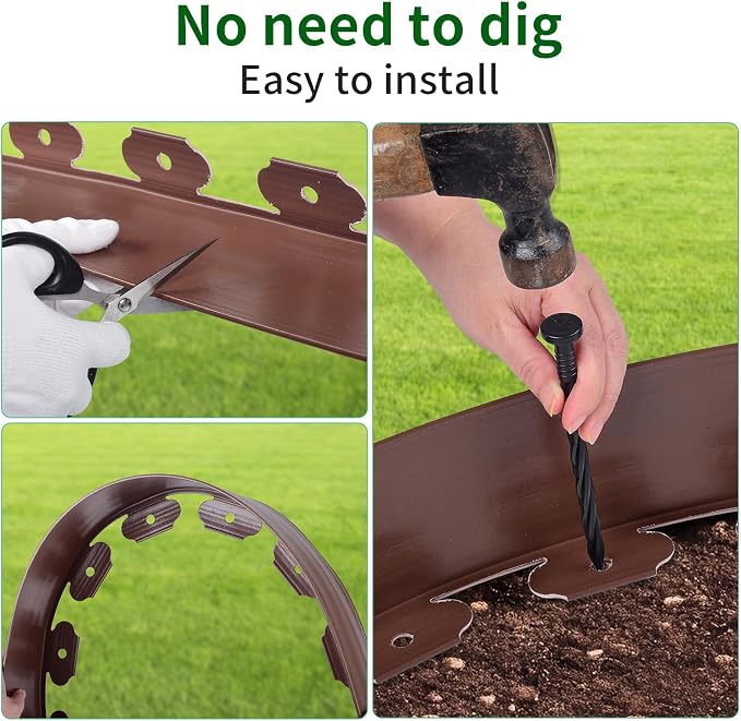4 in x 33 Ft Garden Landscape Edging, No Dig Garden Edging Border Kit with 61 Pcs Spikes for Flower Bed Lawn Yard Grass Brown
