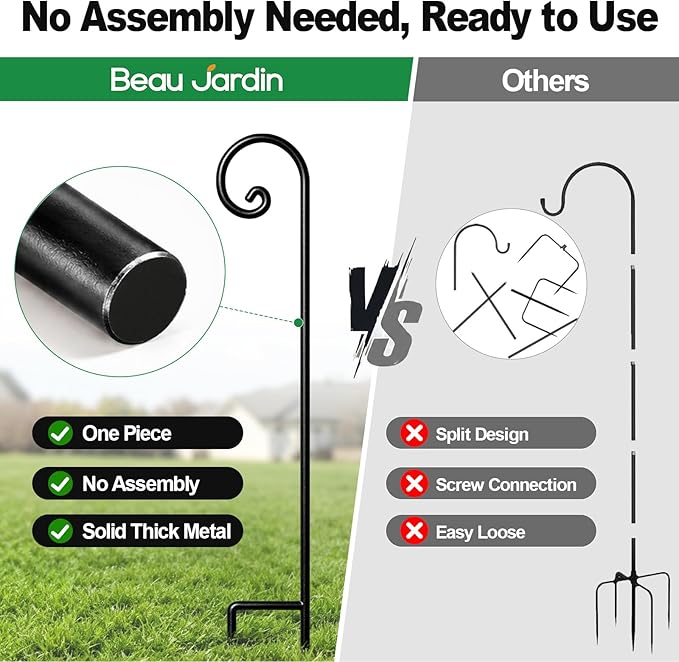 BEAU JARDIN 10 Pack Shepherd Hook One Piece Structure No Assembly Required 48 Inch Heavy Duty Solid Metal Shepards for Garden Outdoor Plants Lantern Mason Jar Wind Chimes Wedding Small