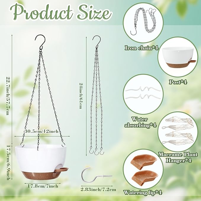 Sliner Set of 4-10 Inch Self Watering Hanging Planters Includes Hanging Pots and Outdoor Hanger Plant Pots with Drainage Holes 2 Types of Hanger Basket Hooks for Patio Garden(White Brown)