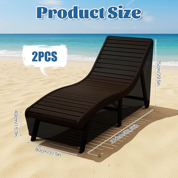2 PCS Patio Chaise Lounge Cover Waterproof, Patio Lounge Chair Protector with Windproof Straps, Black Durable Patios Furniture Covers for Outside Stackable Cushions and Outdoor Furniture (83×30×32in)