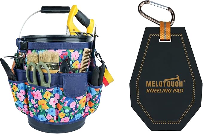 MELOTOUGH Bucket Caddy Organizer Bucket Tool Organizer for Garden Tools, Mini Kneeling Pad with Carabiner Clip, Portable 1 Inch Thick NBR Foam Kneeling Pads for Work Construction, Mechanics, Plumbers