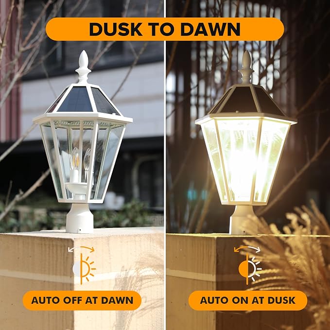 LUTEC LED Post Solar Light Outdoor,Dusk to Dawn Vintage Street Lights, 300LM, 2700K,Cast Aluminum Solar Pole Lights for Garden Pathway Yard Exterior - White (Base Not Included)