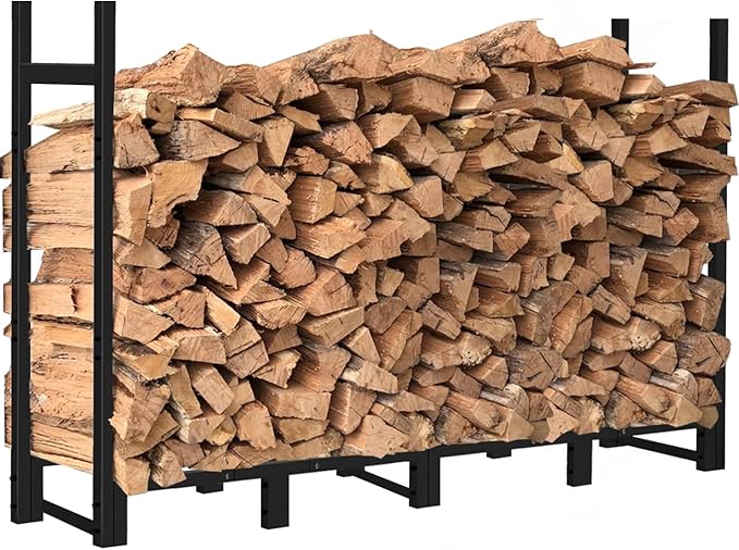 8ft Firewood Rack Outdoor Adjustable Heavy Duty Wood Rack Fire Wood Holder for Indoor Storage Fireplace Metal Lumber Organizer Stand Stacker, Black