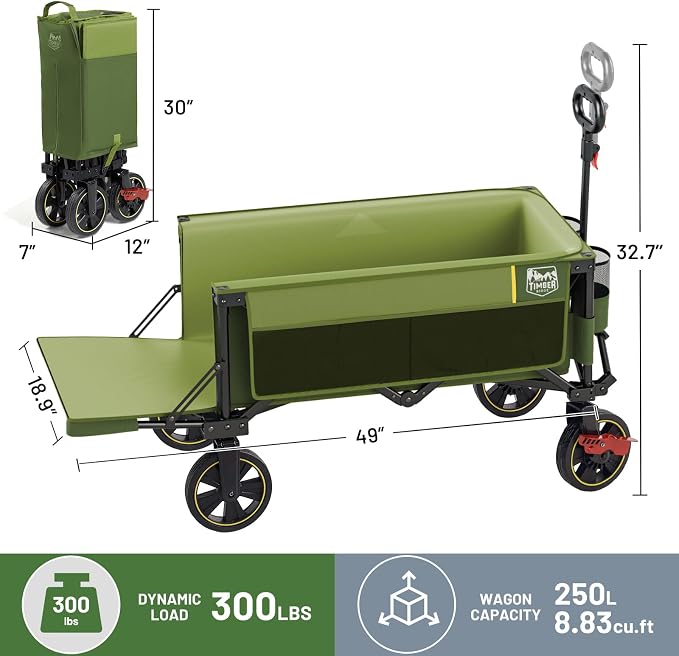 Timber Ridge 49" Extra Long Collapsible Folding Wagon with Tailgate and Brakes, 300lbs Heavy Duty Foldable Wagon with Adjustable Handle, 250L Capacity Portable Cart for Outdoor Camping Sports, Green