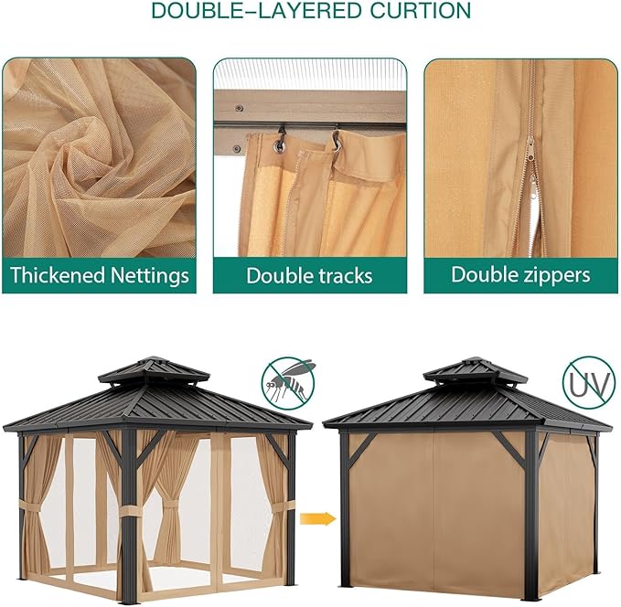 12 x 20 ft Hardtop Gazebo, Heavy Duty Galvanized Aluminum Frame Double Roof Outdoor Pavilion, Faux Wood Grain Metal Roof Gazebo with Netting & Privacy Curtains, Brown Patio Canopy Shelter for Backyard