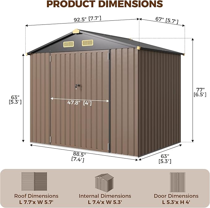 IRONCK 6×8 FT Shed, Galvanized Steel Tool Storage Shed with Lockable Double Doors & Ventilation, Outdoor Utility Storage for Wheelbarrow, Bikes, Yard Bins, Black Brown