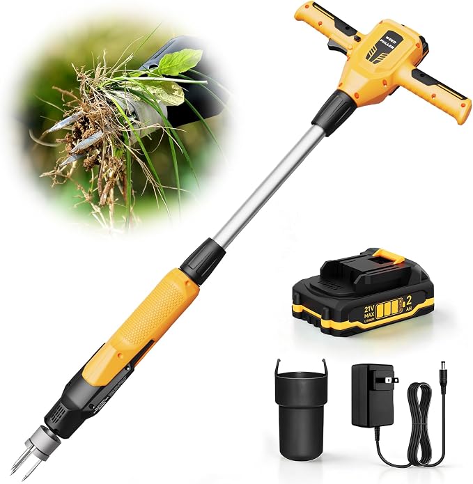 Weed Puller Tool, 21V Powerful Electric Weeder Tool with 2.0Ah Battery and Charger, Garden Tools Weed Remover Tool with 3-Claw Steel Head for Smooth Weeding, Ideal Gifts for Men Women Mom Dad, Yellow