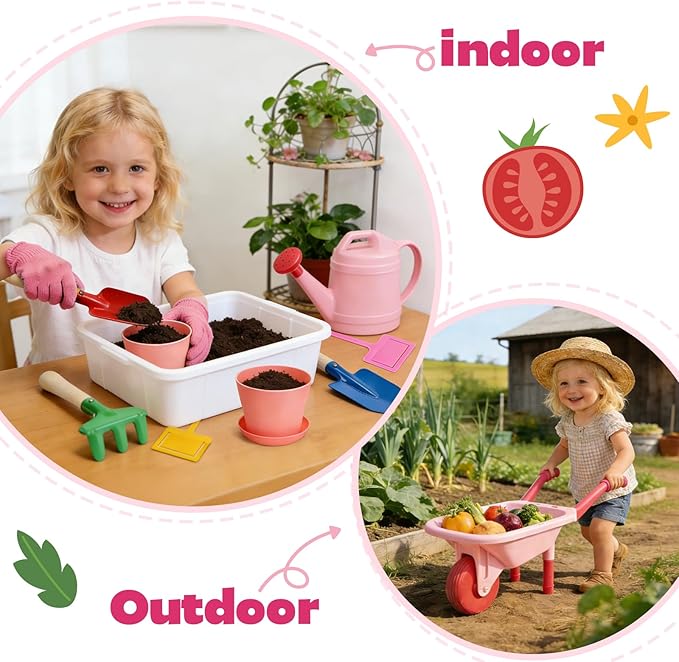 CUTE STONE Kids Gardening Tool Set, Pink Wheelbarrow with Garden Toys with Watering Can, Gloves, Hand Rake, Shovel, Trowel, Outdoor/Indoor Pretend Play Toys for Toddlers Boys Girls Age 3+