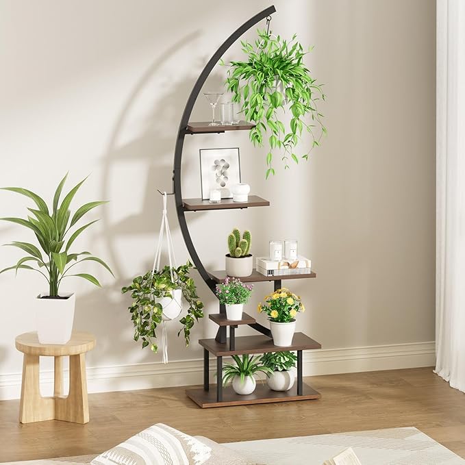 GREENSTELL Plant Stand with Grow Lights, Half Moon 7 Tiered Metal Plant Shelf , Multiple Tier Curved Ladder Flower Pot Stand Display Rack for Indoor Living Room Patio Garden Balcony Dark Brown (1 Pack)