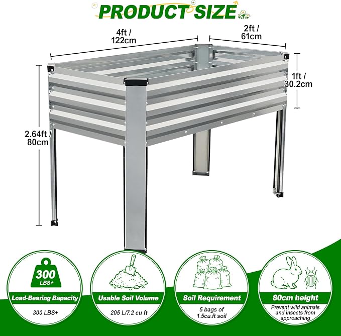 Galvanized Raised Garden Bed with Legs, 48x24x32in Elevated Raised Garden Bed Outdoor with Drainage Holes, Planter Boxes for Gardening Vegetable Flower Fruit in Backyard, Patio, Balcony (Silver)