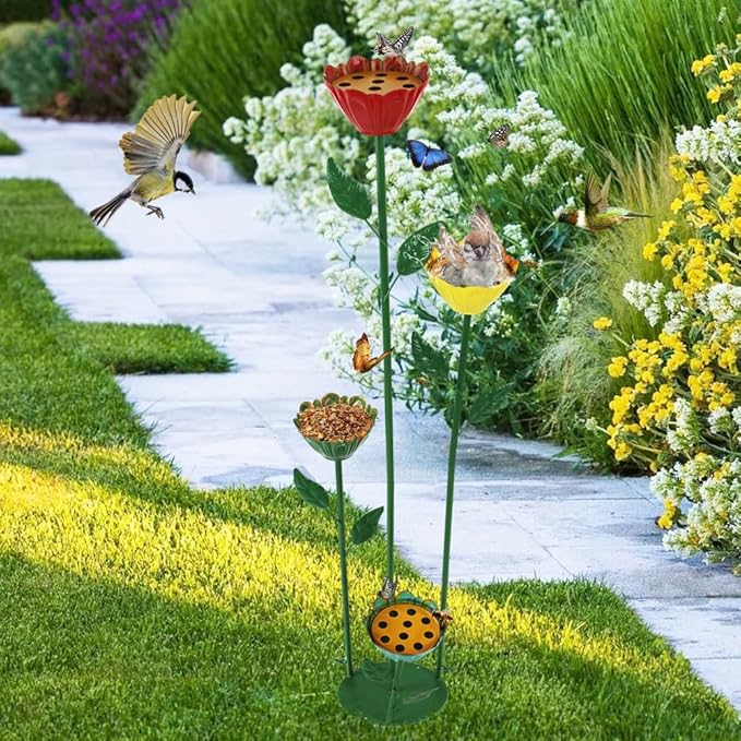 DREAMSOUL Flower Bee Watering Station Small Bird Bath Multi-Height Bird Bath with Bee Feeder for Garden Patio Lawn Decor
