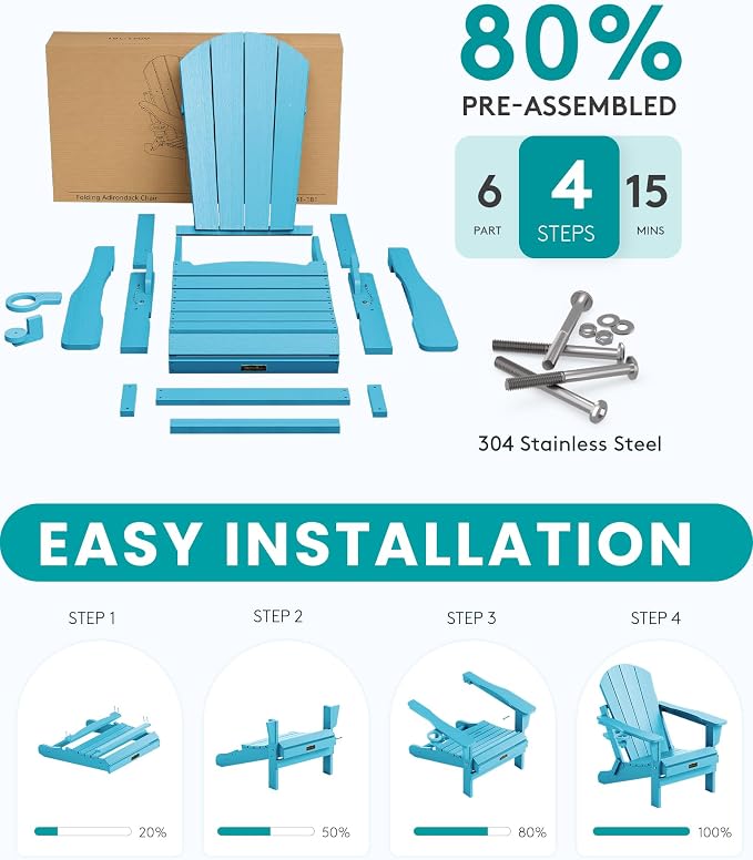 SERWALL Folding Adirondack Chair Weather Resistant Patio Chair with Cup Holder Outdoor Chairs Set of 6 Painted Adirondack Chairs - Light Blue