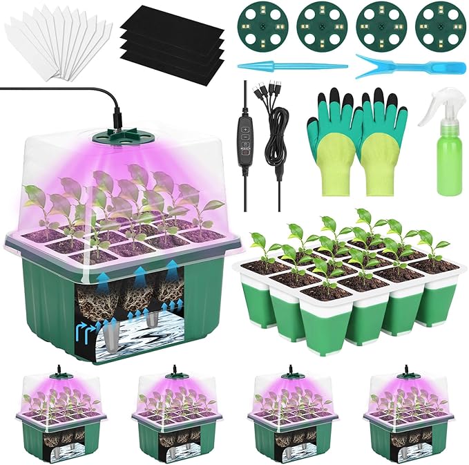 Mckanti 4 Set Self-Watering Seed Starter Tray Kits with Grow Light, Reusable Seed Germination Kit with Adjustable Humidity Domes and Silicone Cell Base Tray for Indoor Plant Seed Germination