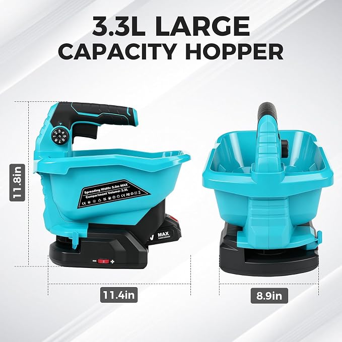 Power Seed Spreader Handheld with Battery 2X 2000mAh 20V, Cordless Grass Seed Spreader Available Year-Round, Electric Lawn Spreader for Fertilizer, Grass Seed, Salt, Ice Melt, Feed
