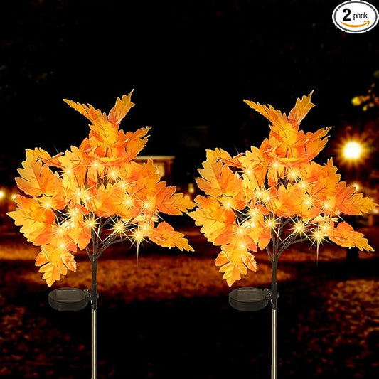 2 Packs Solar Prelit Fall Tree Lights for Outdoor Thanksgiving Decorations, 2 Modes Thanksgiving Solar Lights, Waterproof Maple Tree Solar Fall Lights for Fall Yard Patio Garden