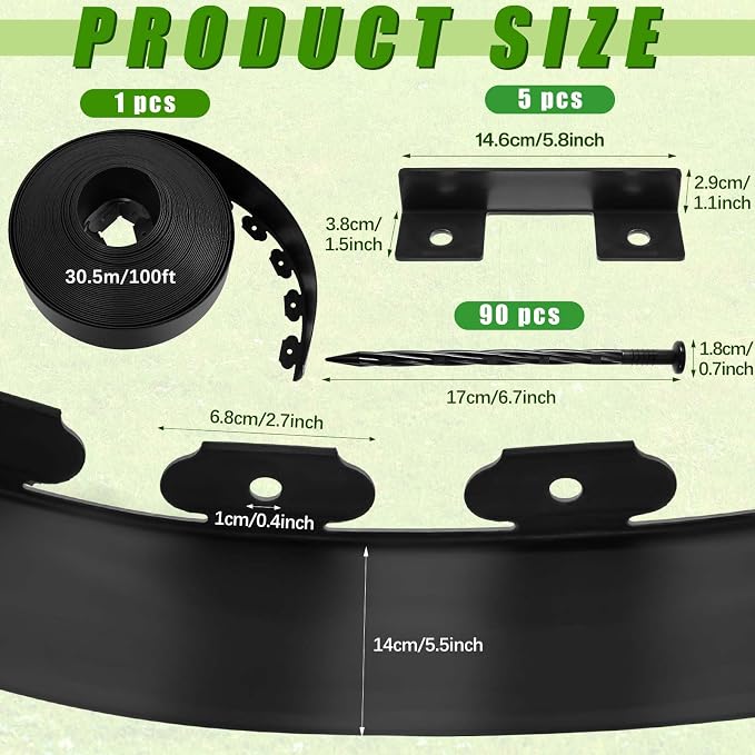 5.5'' x 100' Landscape Edging Kit Plastic Garden Edging Border Coil No Dig Include 90 Anchoring Spikes for Lawn Garden Grass Yard Home School, Black