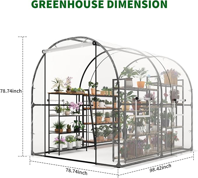 GarveeHome 6.6X8.2x6.6 Tunnel Greenhouses, Heavy Duty Walk-in Greenhouse for Outdoors with PE Cover, Instant Pop-Up Sturdy Metal Frame Hoop House with Zippered Roll-Up Door &4 Ventilated Mesh Windows