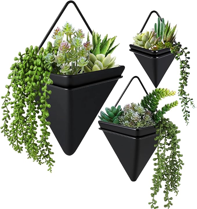 Rtteri 15 PCS Black Wall Hanging Planter Set with Artificial Succulents, 3 Ceramic Geometric Wall Planters in 3 Sizes, Modern Indoor Decor for Living Room Bathroom Office