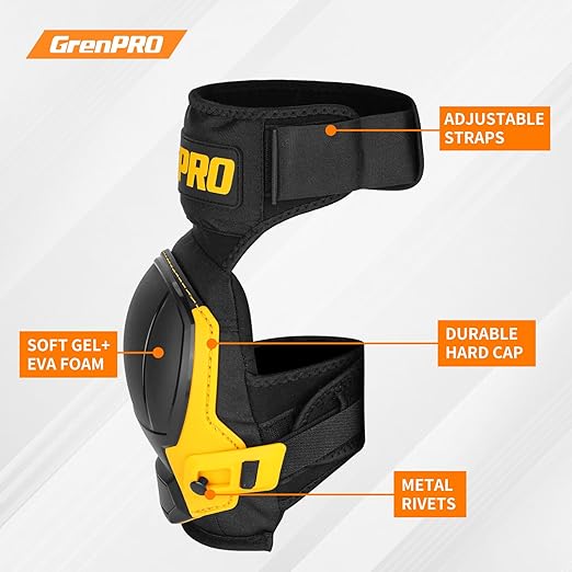 GRENPRO Black Knee Pads for Work - Heavy Duty EVA & Gel Support for Construction, Flooring, Gardening and Cleaning