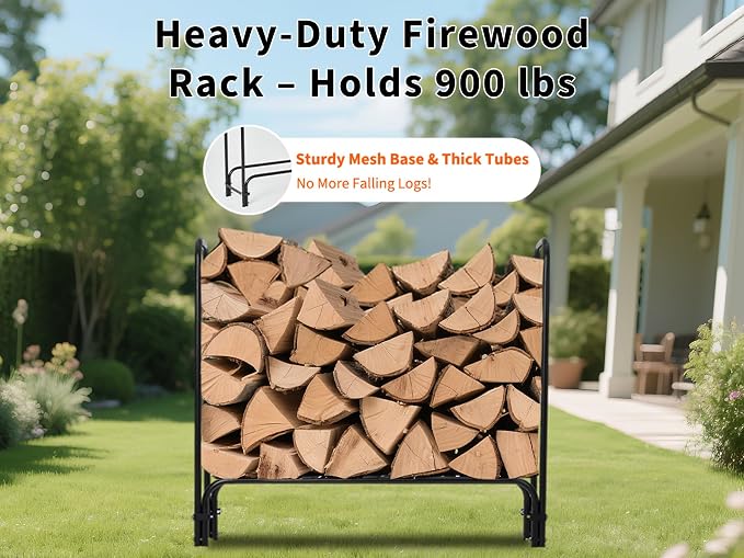 Garvee Heavy Duty 4 ft Firewood Rack Outdoor with Cover Large Steel Log Holder for Patio/Backyard, Weatherproof Wood Storage with Ventilated Design, Easy Assembly No Tools Needed (4 ft)