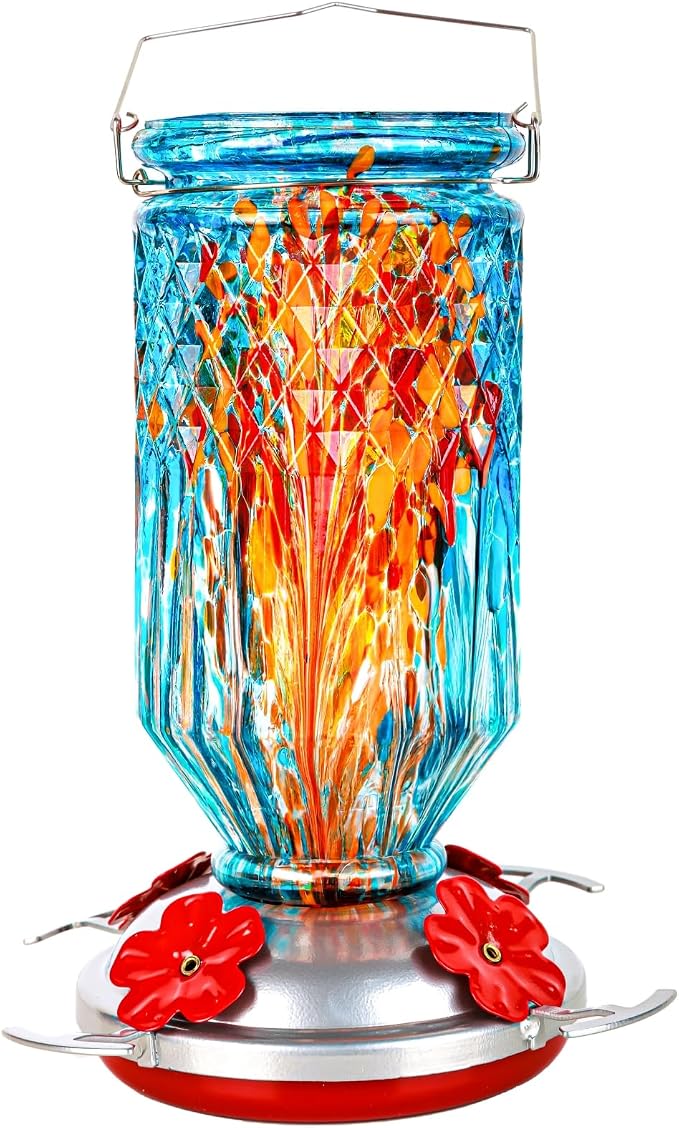 Hand Blown Glass Hummingbird Feeder for Outdoors Hanging Round Chaning Color 32 OZ Large Humming Birds Feeders with Accessories Gift for Women Mom (Blue)