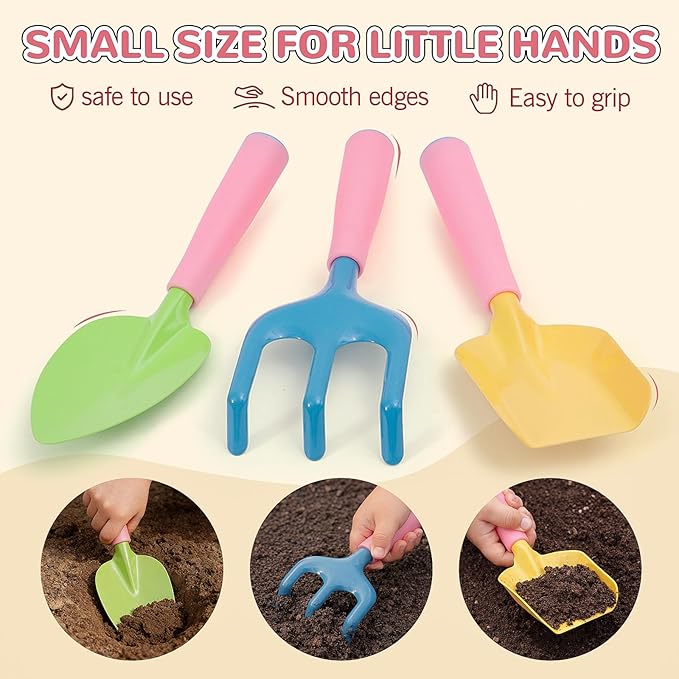 Kids Gardening Tool Set Kids Gardening Tools Shovel Rake Fork Trowel Apron Gloves Watering Can and Tote Bag Toddler Gardening Tools for Kids Best Outdoor Toys Gift for Boys and Girls